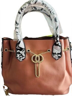 Chic Pink Tote with Snake-Print Trim and Gold Chain Detail